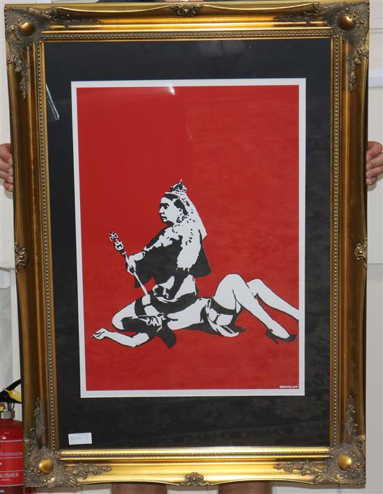 After Banksy, Queen Vic, screen print, unsigned, 26.5 x 19in.